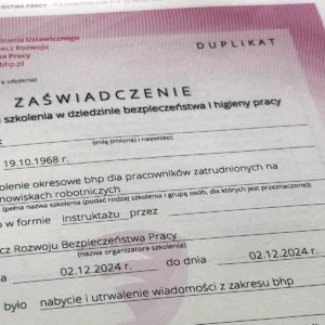 Duplikat (wtórnik) zaświadczenia ukończenia szkolenia bhp